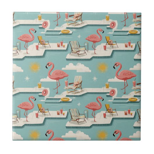 Retro Flamingo Poolside Summer Pattern (6) タイル (正面)