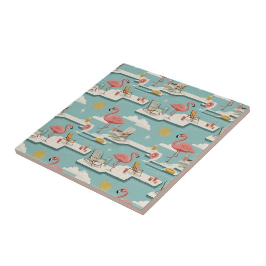 Retro Flamingo Poolside Summer Pattern (6) タイル (側面)
