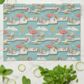 Retro Flamingo Poolside Summer Pattern (7) キッチンタオル (折り畳み)