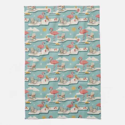 Retro Flamingo Poolside Summer Pattern (7) キッチンタオル (縦)