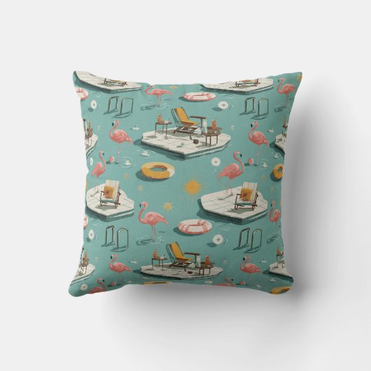 Retro Flamingo Poolside Summer Pattern (7) クッション (裏面)
