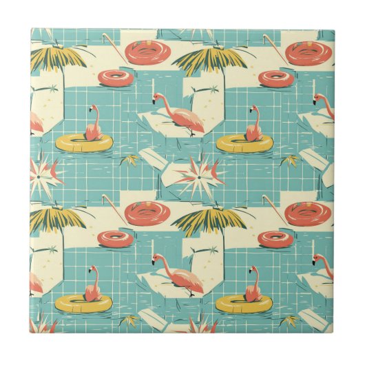 Retro Flamingo Poolside Summer Pattern (7) タイル (正面)
