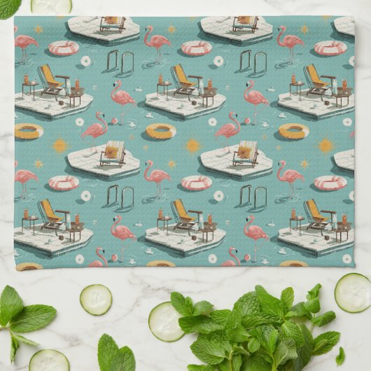Retro Flamingo Poolside Summer Pattern (8) キッチンタオル (折り畳み)