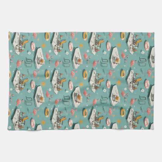 Retro Flamingo Poolside Summer Pattern (8) キッチンタオル (横)