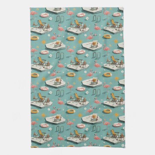 Retro Flamingo Poolside Summer Pattern (8) キッチンタオル (縦)