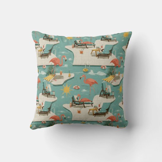 Retro Flamingo Poolside Summer Pattern (8) クッション (裏面)