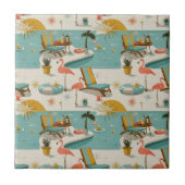 Retro Flamingo Poolside Summer Pattern (8) タイル (正面)