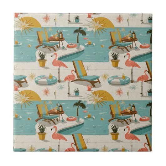 Retro Flamingo Poolside Summer Pattern (8) タイル (正面)