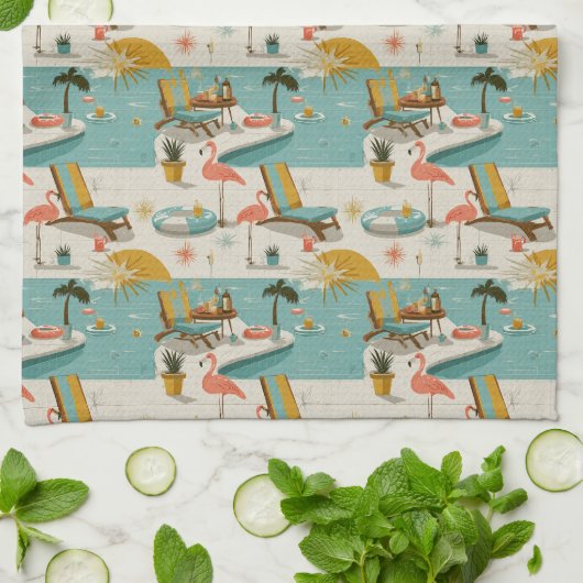 Retro Flamingo Poolside Summer Pattern (9) キッチンタオル (折り畳み)
