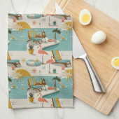 Retro Flamingo Poolside Summer Pattern (9) キッチンタオル (四つ折り)