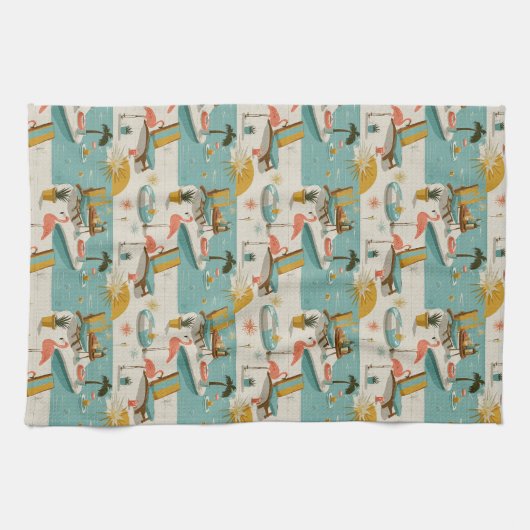 Retro Flamingo Poolside Summer Pattern (9) キッチンタオル (横)