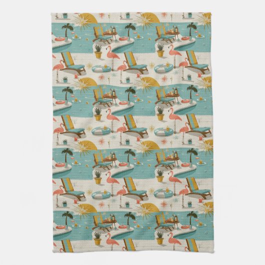 Retro Flamingo Poolside Summer Pattern (9) キッチンタオル (縦)
