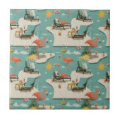 Retro Flamingo Poolside Summer Pattern (9) タイル (正面)