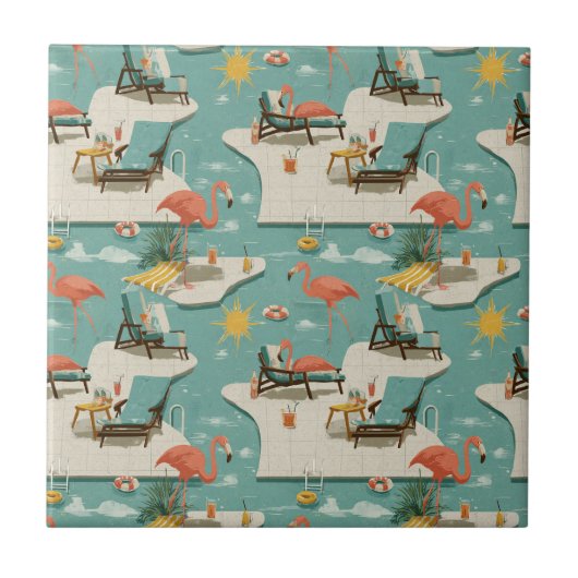 Retro Flamingo Poolside Summer Pattern (9) タイル (正面)