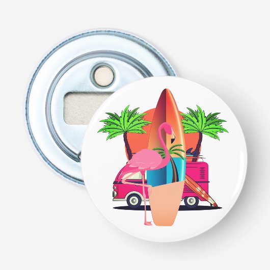 Retro Flamingo Surf Scene Beach 栓抜き (正面)