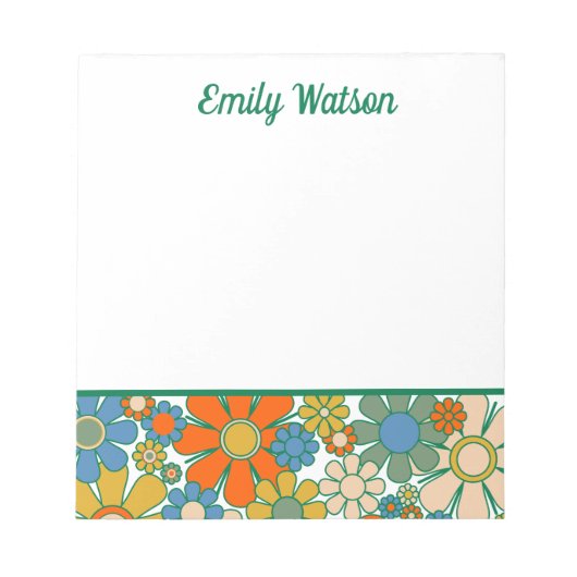 Retro Floral 60s 70s Flowers Personalized ノートパッド (正面)