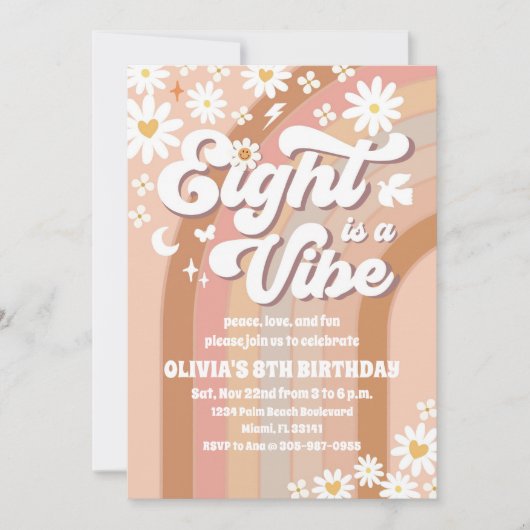 Retro Floral 8th Birthday Invitation 招待状 (正面)