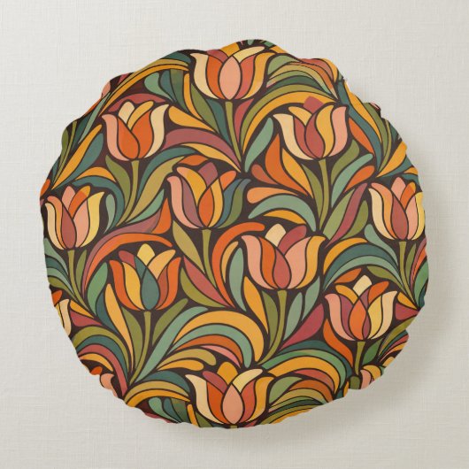 Retro Floral Art Nouveau Pattern Décor ラウンドクッション (裏面)