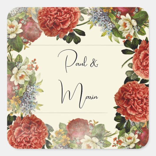 Retro Floral BOHO Wedding Invitation スクエアシール (正面)