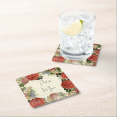 Retro Floral BOHO Wedding Invitation スクエアペーパーコースター (インサイチュ)