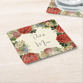 Retro Floral BOHO Wedding Invitation スクエアペーパーコースター