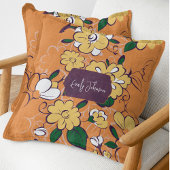 Retro Floral Daisy Orange Autumn Custom Name クッション