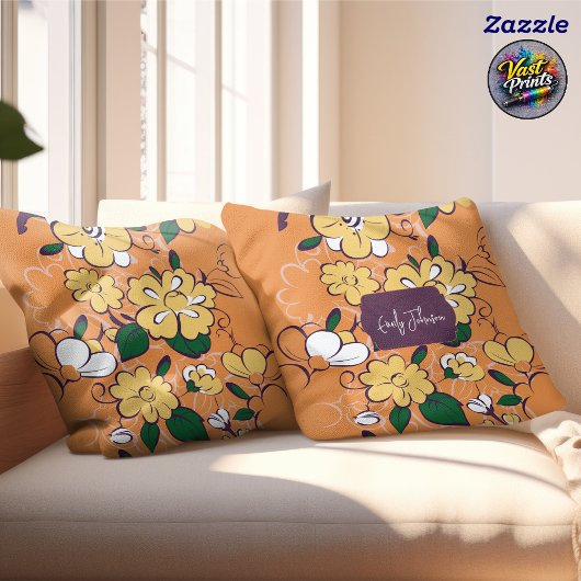 Retro Floral Daisy Orange Autumn Custom Name クッション