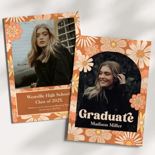 Retro Floral Graduation Announcement Card 招待状