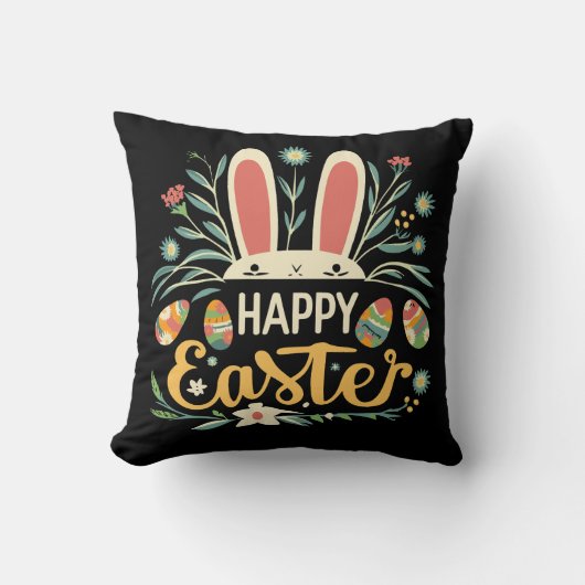 Retro Floral Happy Easter Bunny Boho Spring クッション (正面)