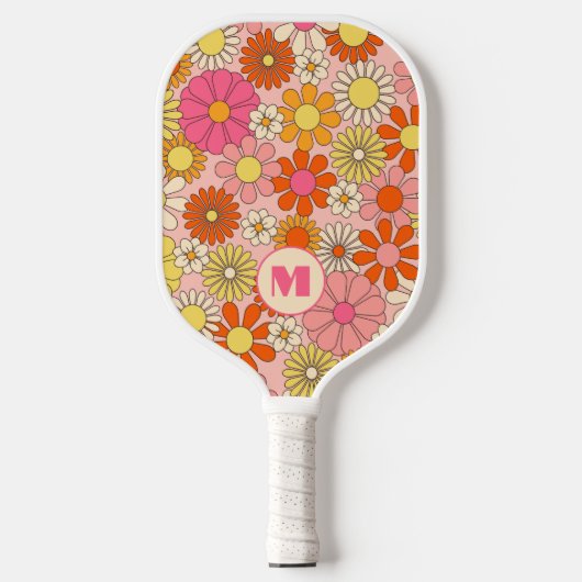Retro Floral Monogrammed Pickleball Paddle  ピックルボールラケット (正面)