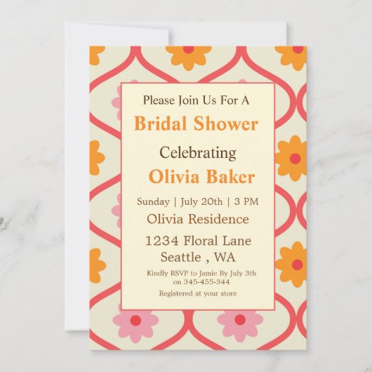Retro Floral Ogee Mid-Century Modern Bridal Shower 招待状 (正面)