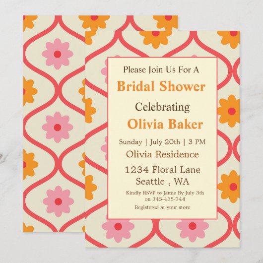 Retro Floral Ogee Mid-Century Modern Bridal Shower 招待状 (正面/裏面)