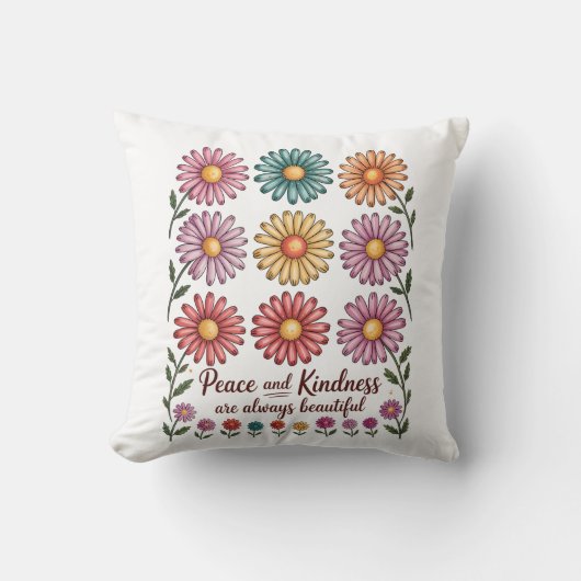 Retro Floral Peace and Kindness クッション (正面)
