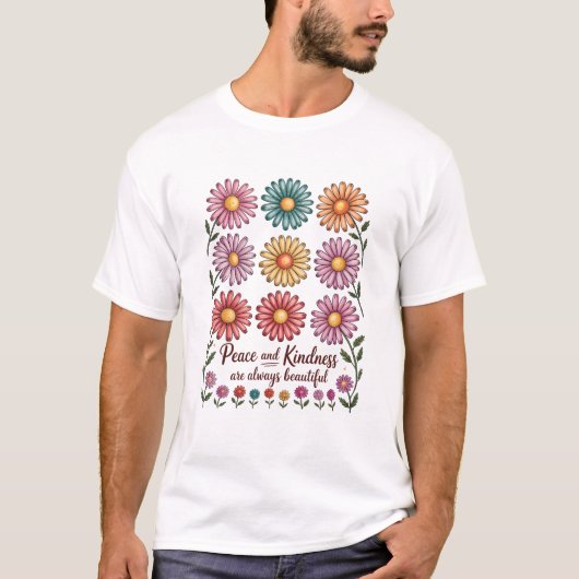 Retro Floral Peace and Kindness Tシャツ (正面)