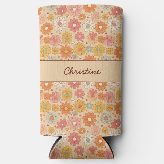 Retro Floral Personalized Monogram スリム缶クーラー (正面)