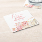 Retro Floral Pink Girl Baby Shower スクエアペーパーコースター (アングル)