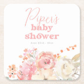 Retro Floral Pink Girl Baby Shower スクエアペーパーコースター (正面)