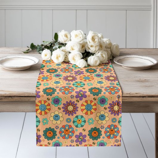 Retro Floral Runner 60s Pastel Dining Accent ロングテーブルランナー