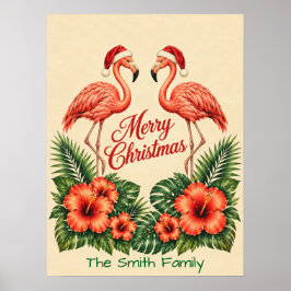 Retro Florida Christmas Flamingo Custom Family ポスター