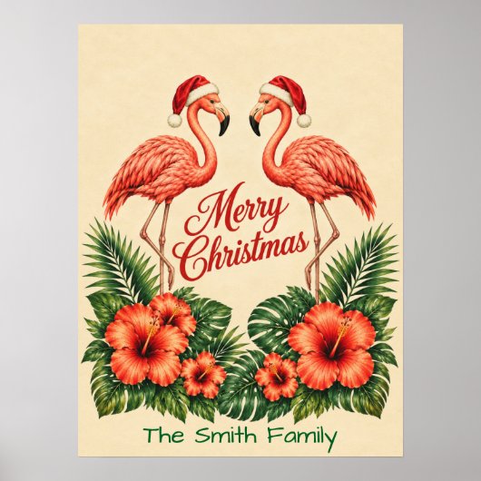 Retro Florida Christmas Flamingo Custom Family ポスター (正面)