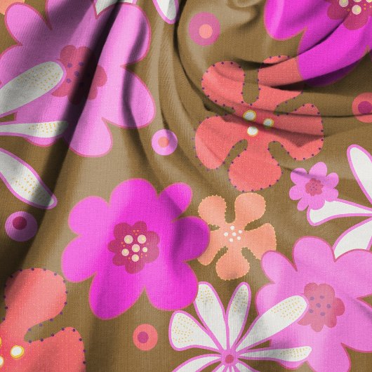Retro Flowers Art Pattern Pink Brown ファブリック