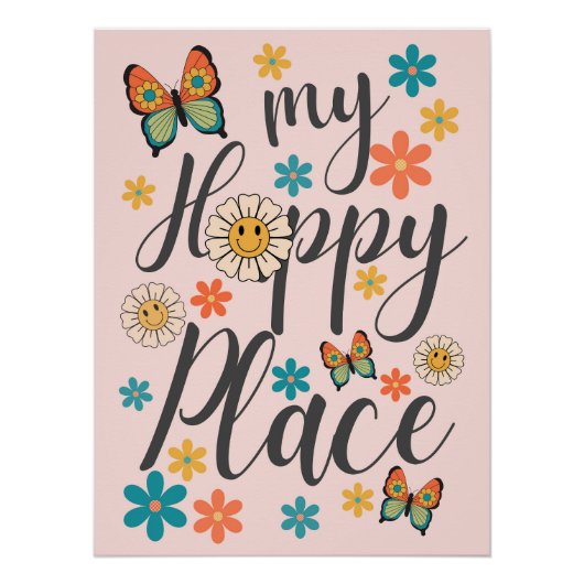 Retro Flowers Butterfly Wall Poster Art ポスター (正面)