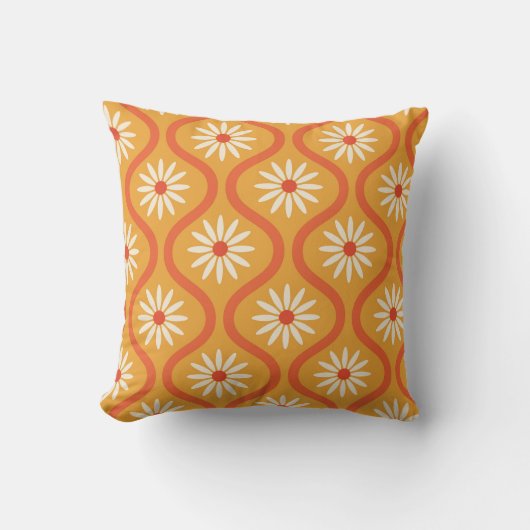 Retro Flowers on Mid Century Orange Ogee Custom  クッション (正面)