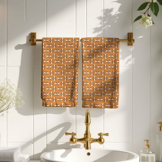 Retro Flowers Towel Brown Copper Bath Accent バスタオルセット