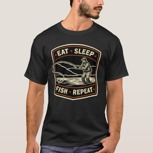 Retro fly fishing design eat sleep fish repeat tシャツ (正面)