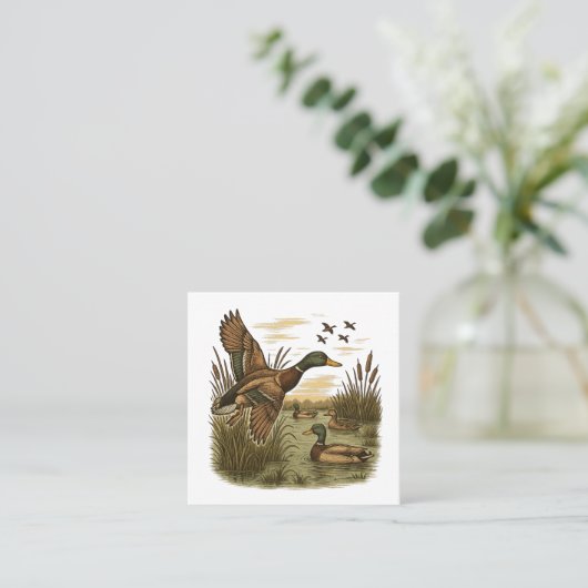 Retro-Flying-Mallard-Duck-Hunting スクエア名刺 (スタンド正面)