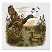 Retro-Flying-Mallard-Duck-Hunting ポスター (正面)