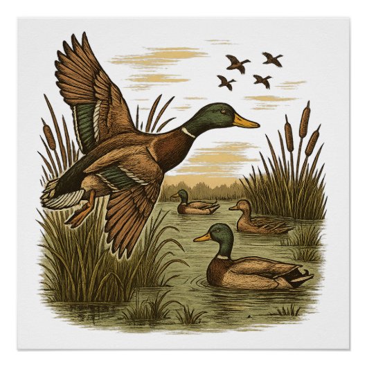Retro-Flying-Mallard-Duck-Hunting ポスター (正面)