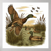 Retro-Flying-Mallard-Duck-Hunting,  ポスター (正面)