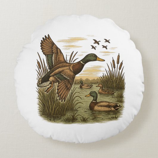 Retro-Flying-Mallard-Duck-Hunting ラウンドクッション (正面)